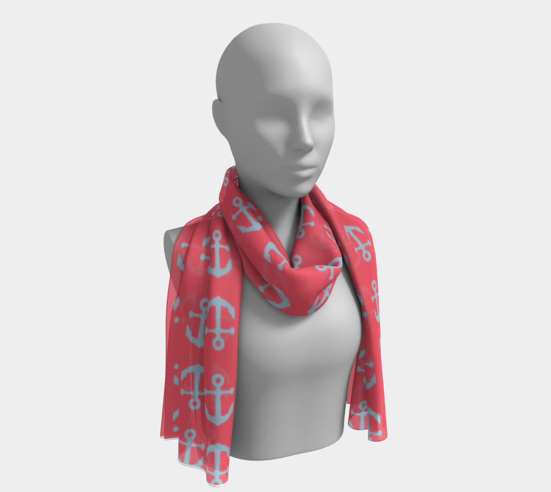 Anchor Toss Long Scarf - Light Blue on Coral - SummerTies