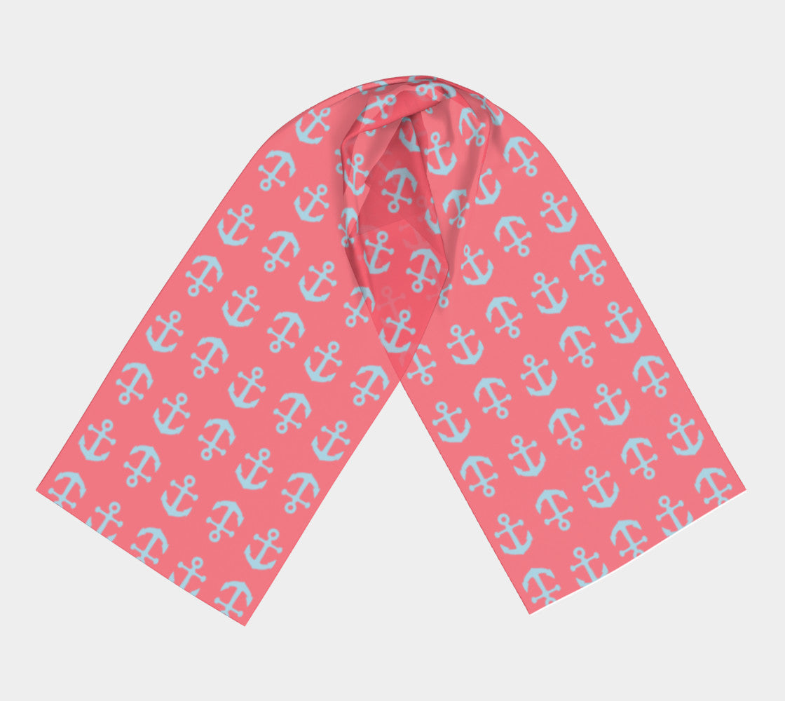 Anchor Toss Long Scarf - Light Blue on Coral - SummerTies