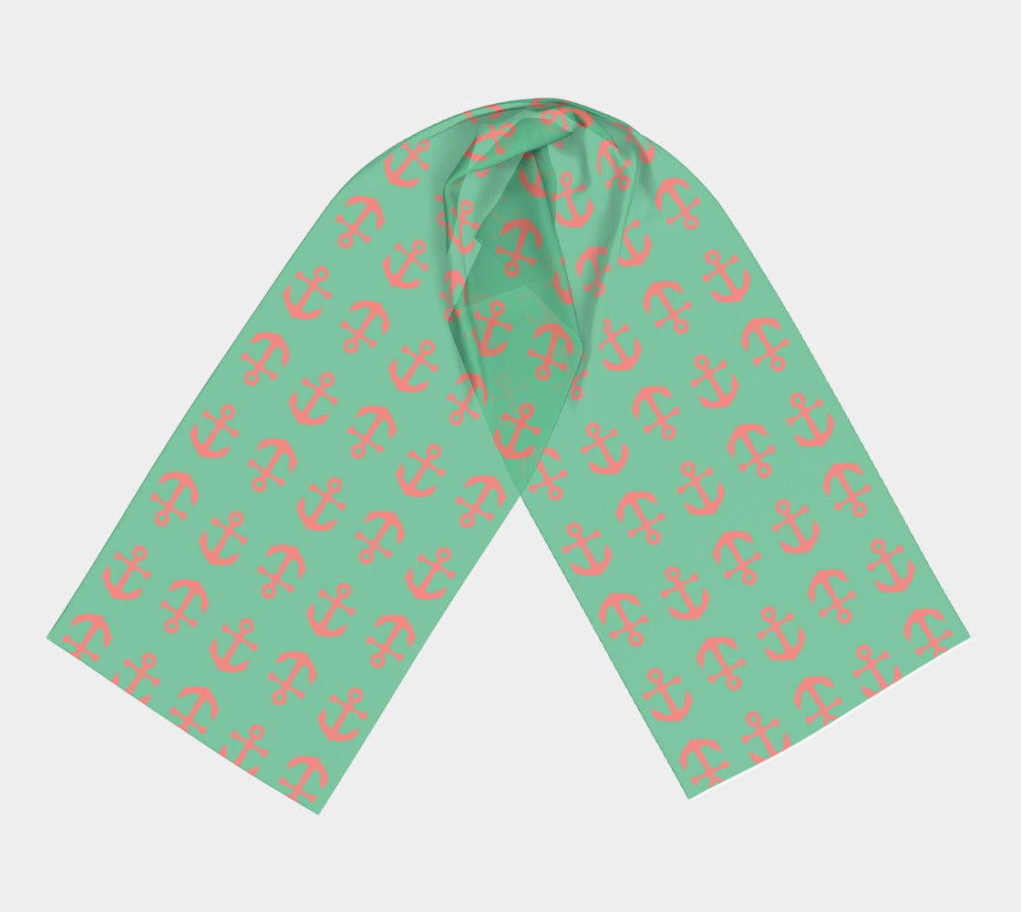 Anchor Toss Long Scarf - Coral on Green - SummerTies
