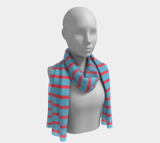 Striped Long Scarf - Darker Coral on Light Blue - SummerTies