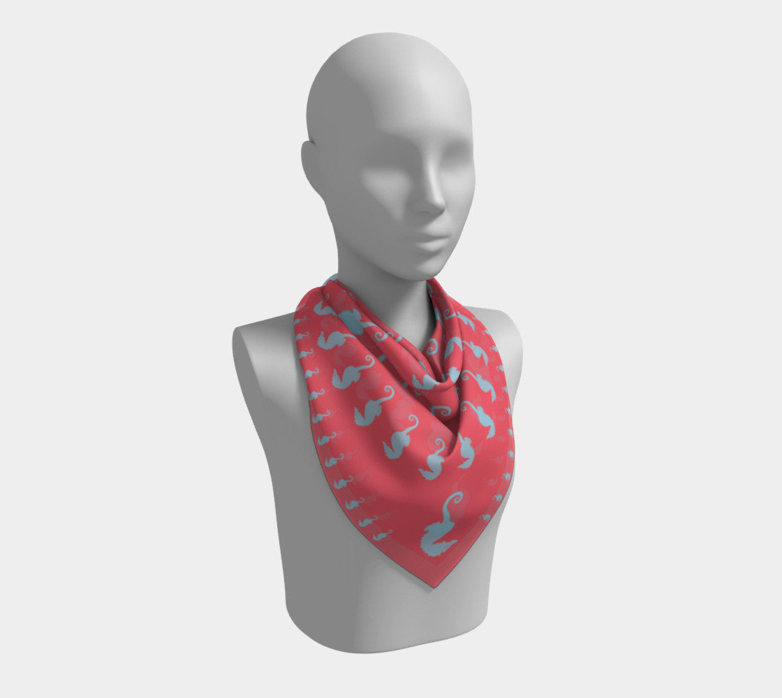 Seahorse Square Scarf - Light Blue On Coral - SummerTies