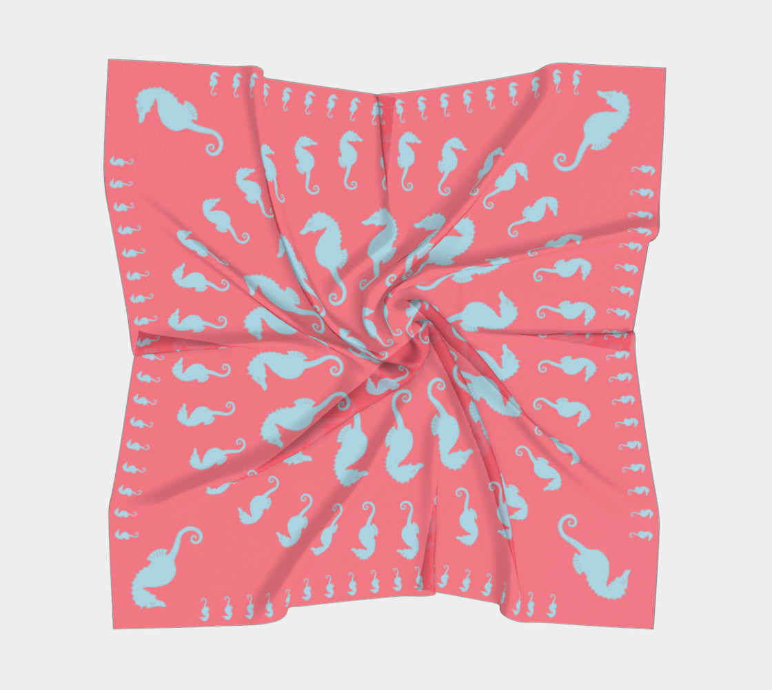 Seahorse Square Scarf - Light Blue On Coral - SummerTies