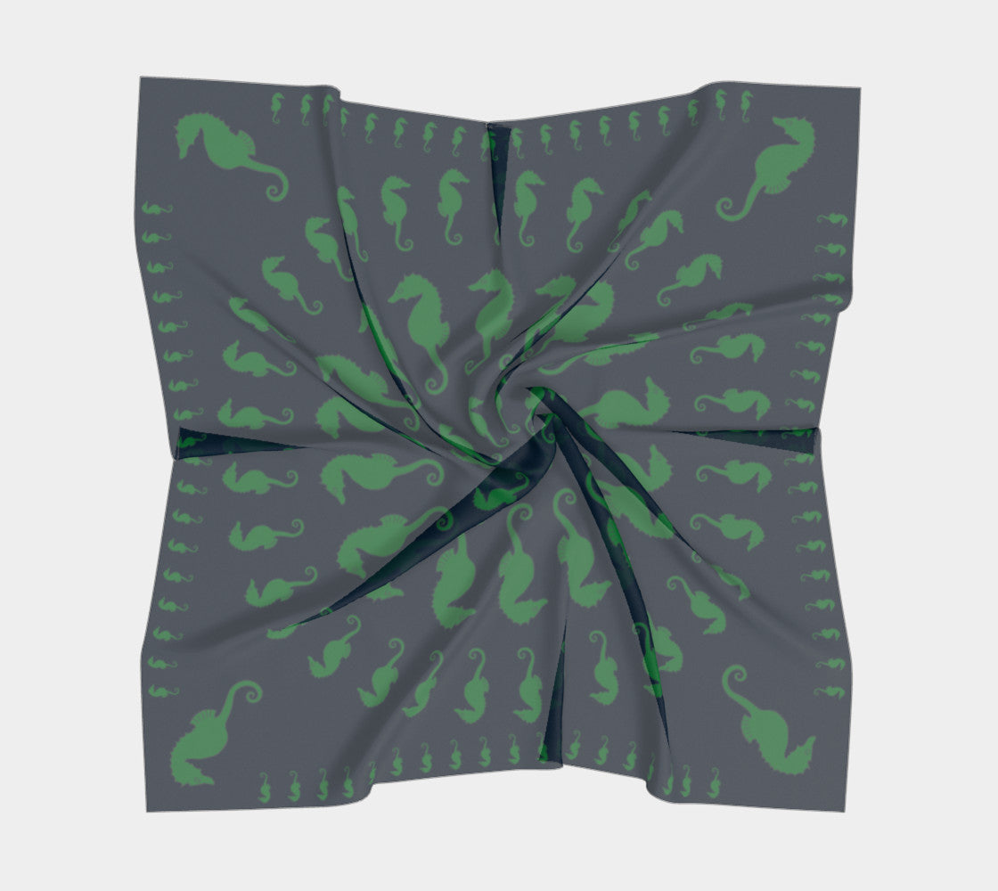Seahorse Square Scarf - Green on Navy - SummerTies