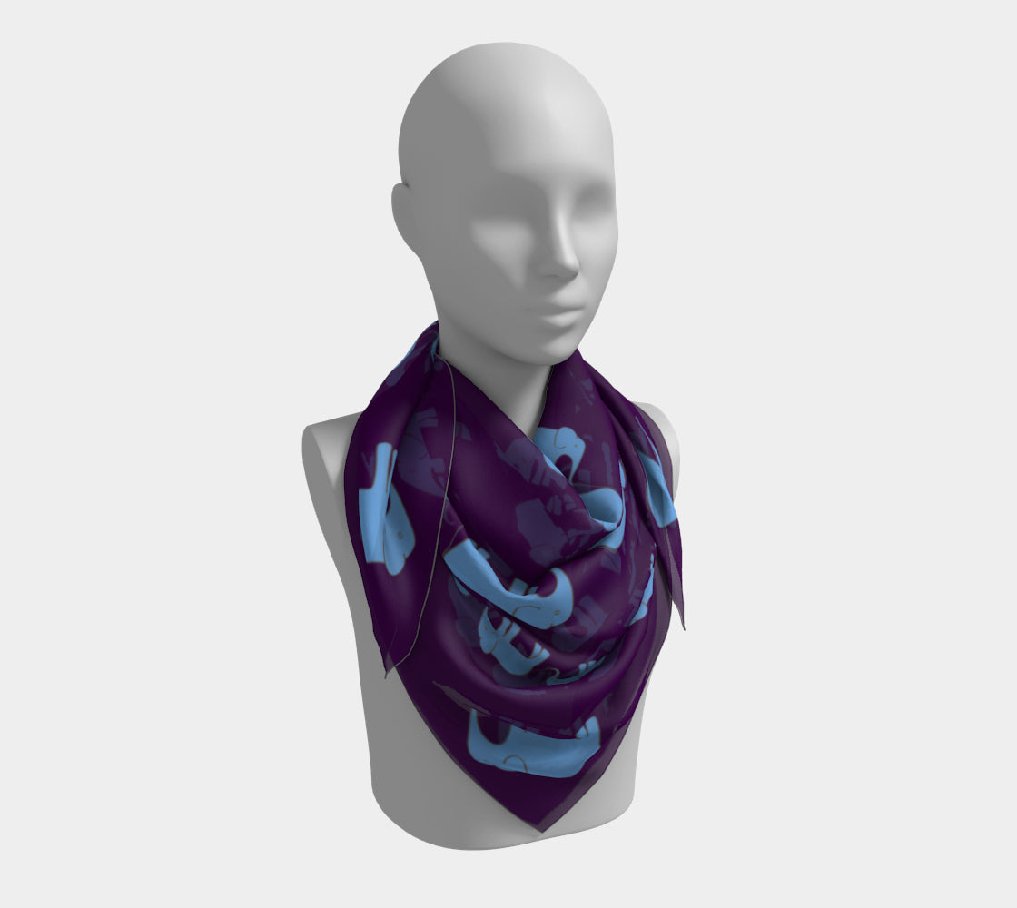 Elephant Square Scarf - Blue on Purple