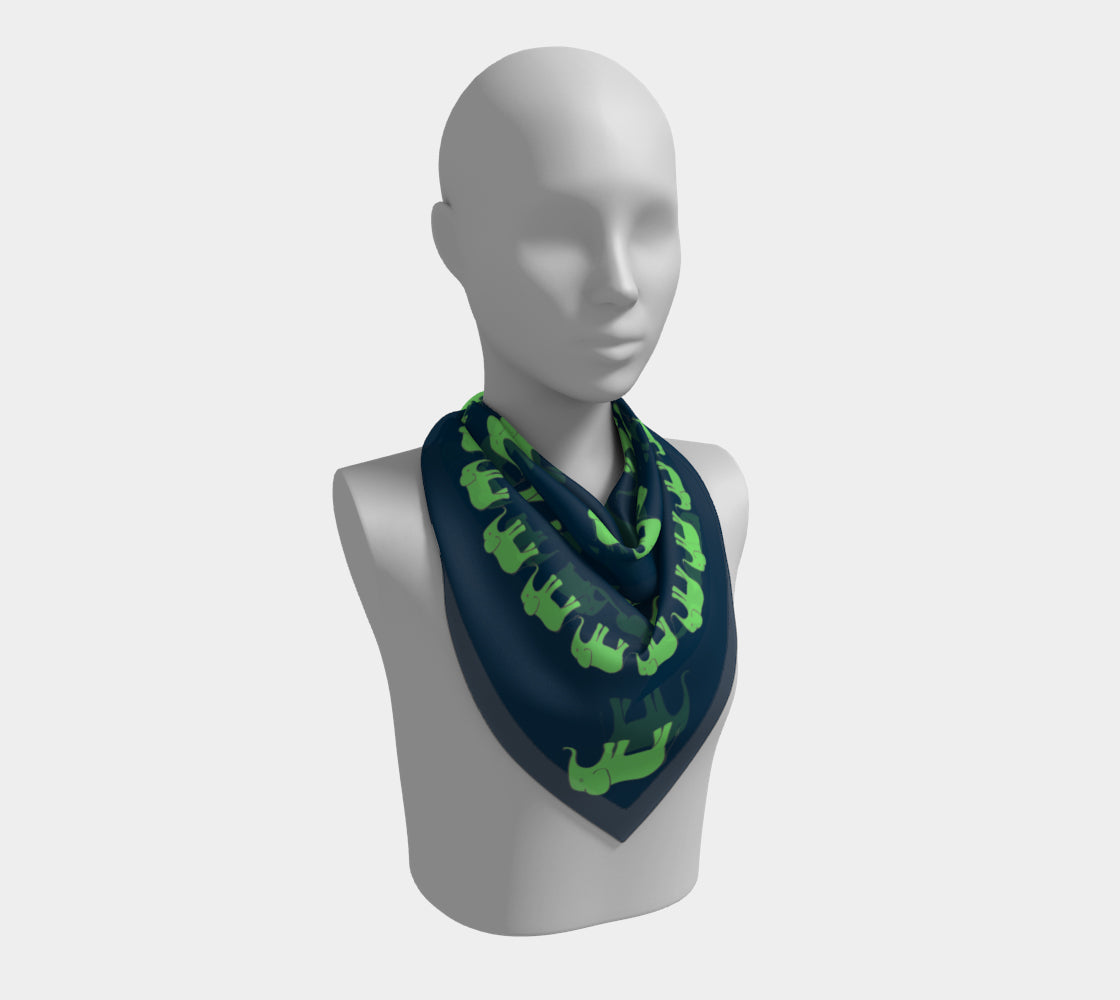 Elephant Square Scarf - Green on Navy