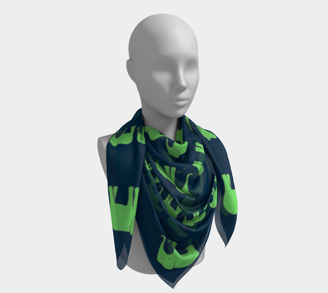 Elephant Square Scarf - Green on Navy