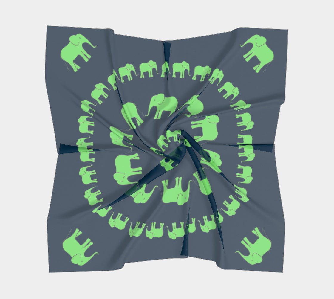 Elephant Square Scarf - Green on Navy