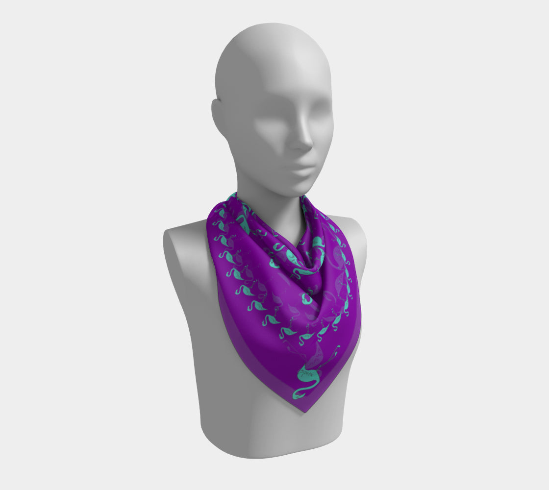 Flamingo Square Scarf - Blue on Purple