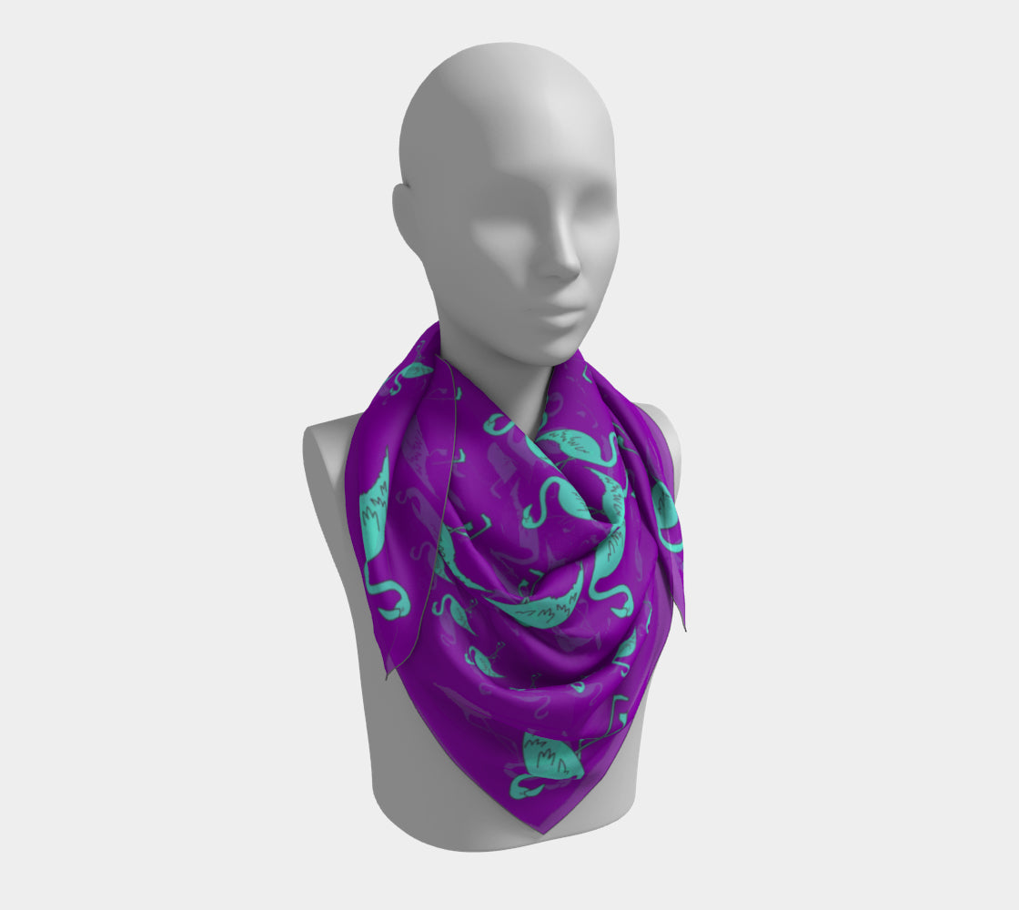 Flamingo Square Scarf - Blue on Purple