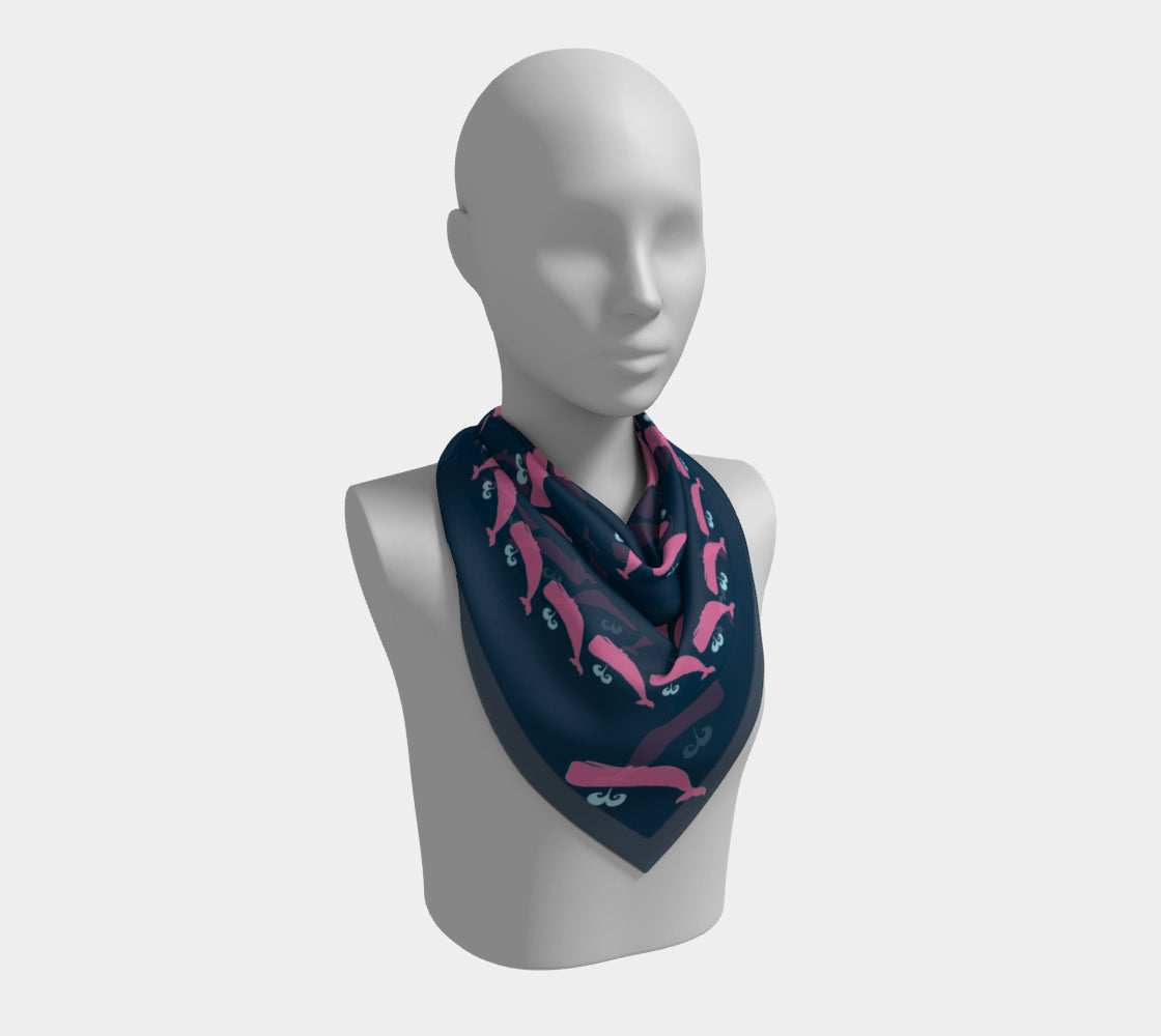 Whale Square Scarf - Pink on Navy