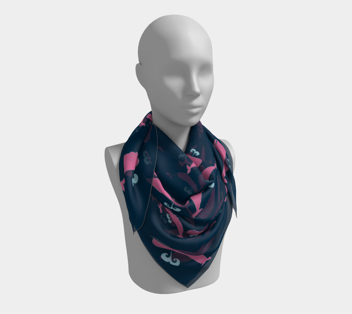 Whale Square Scarf - Pink on Navy