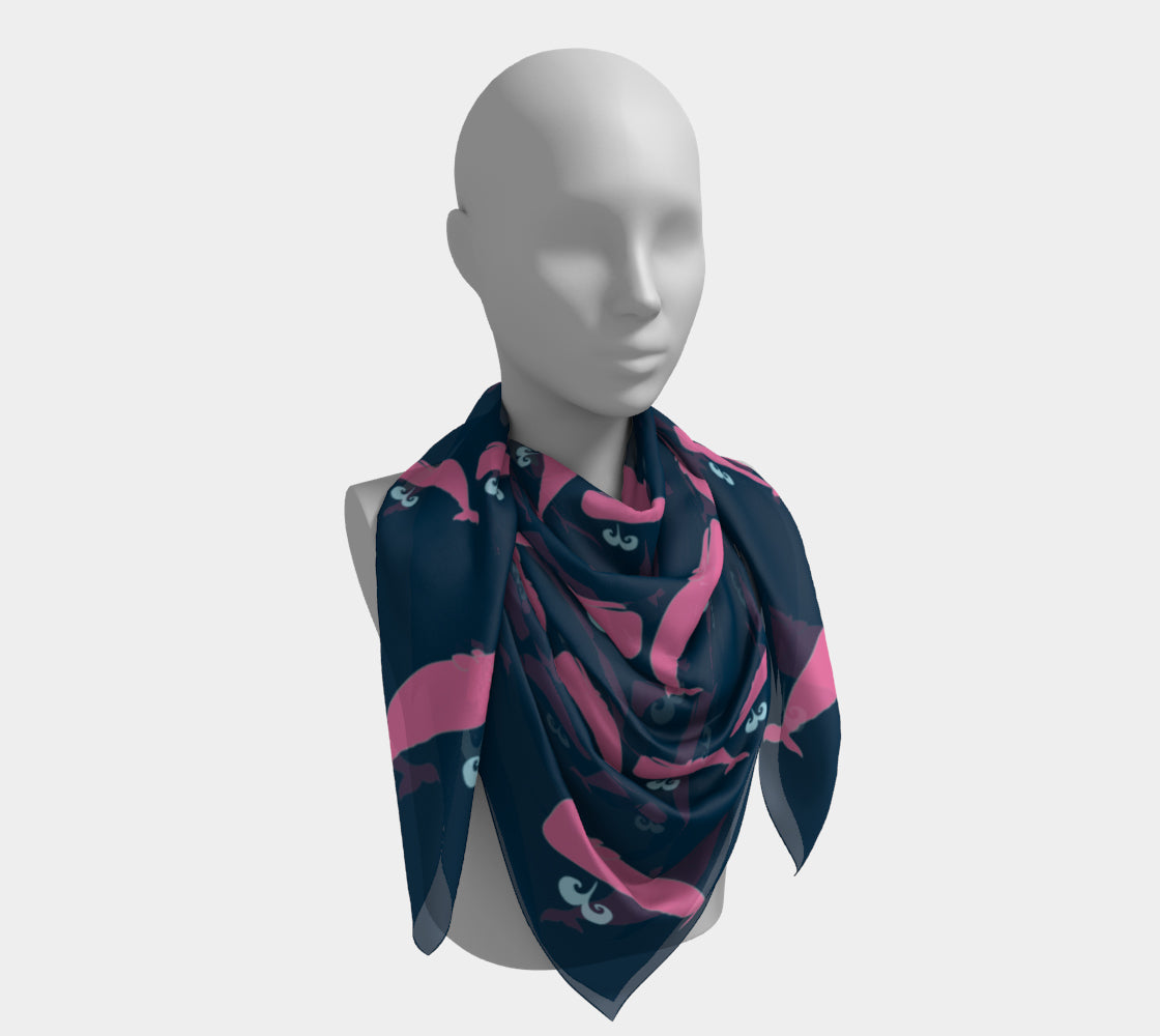 Whale Square Scarf - Pink on Navy