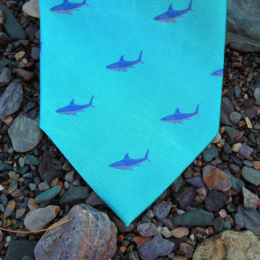 Shark Necktie - Blue on Aqua, Woven Silk - SummerTies