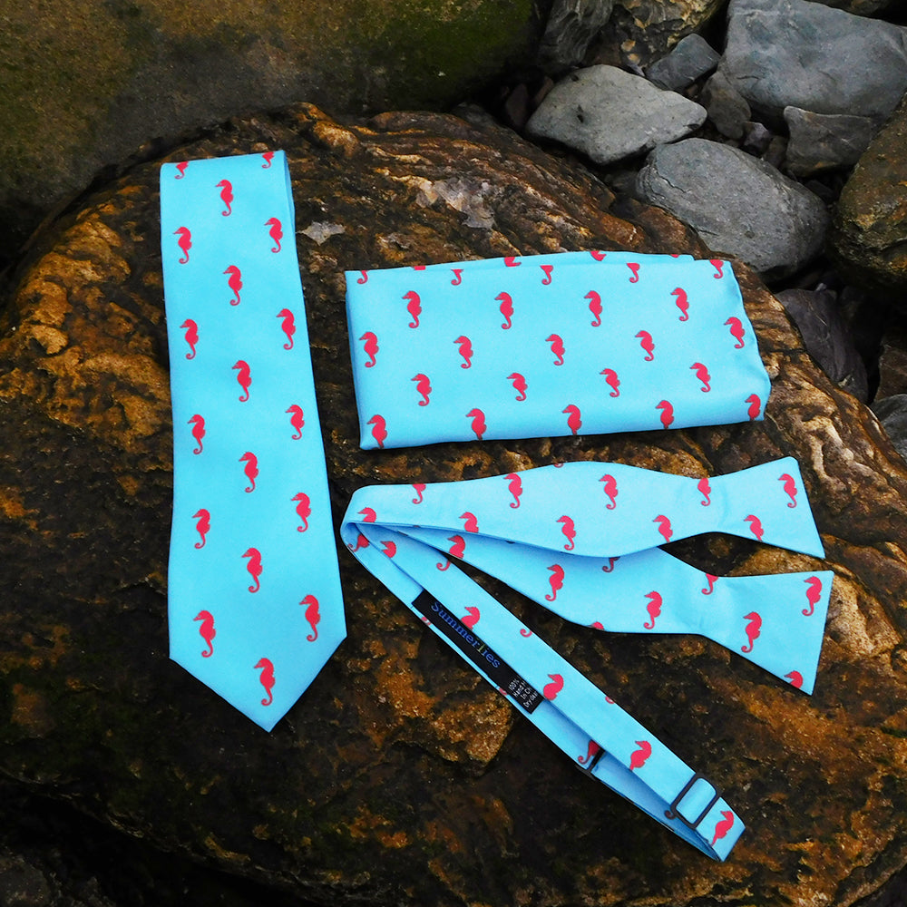 Seahorse Necktie - Blue, Printed Silk - SummerTies