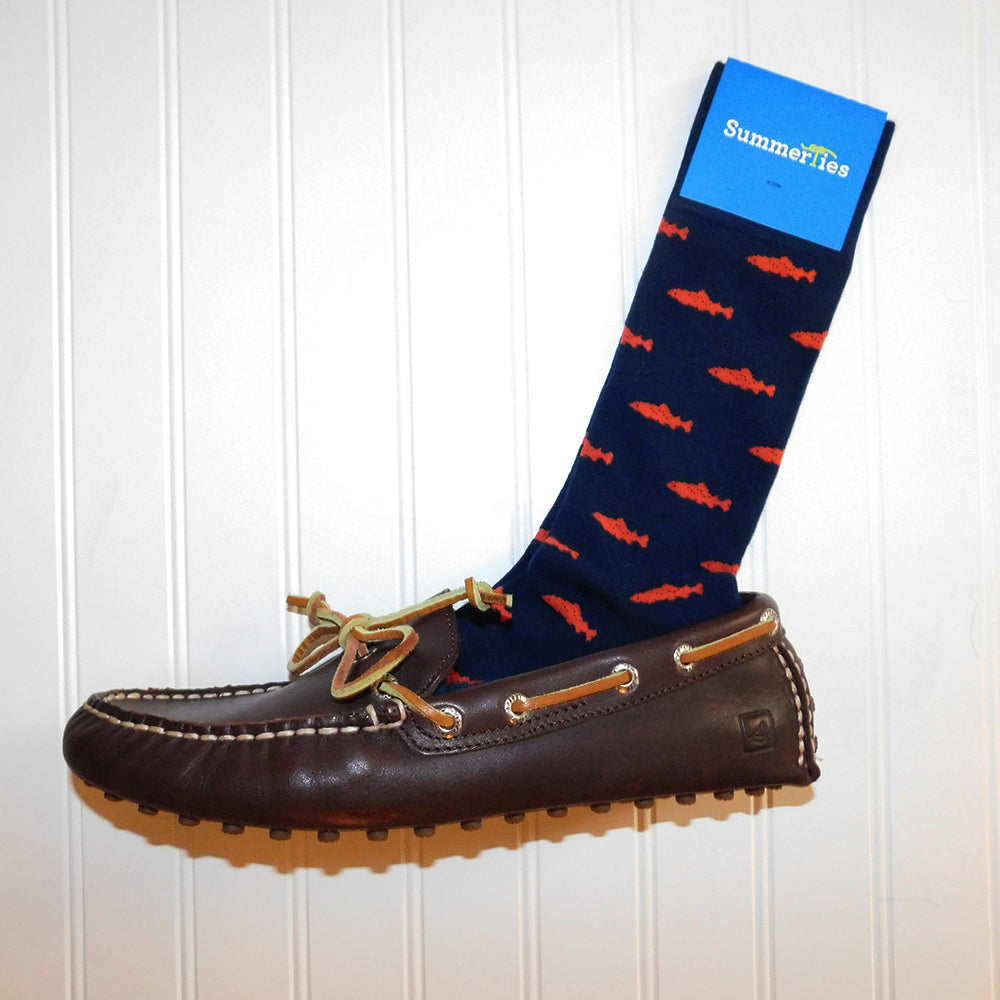 Trout Socks - Coral on Navy - Men's Mid Calf - SummerTies