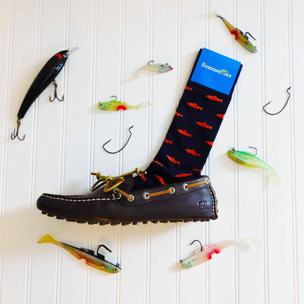 Trout Socks - Coral on Navy - Men's Mid Calf - SummerTies