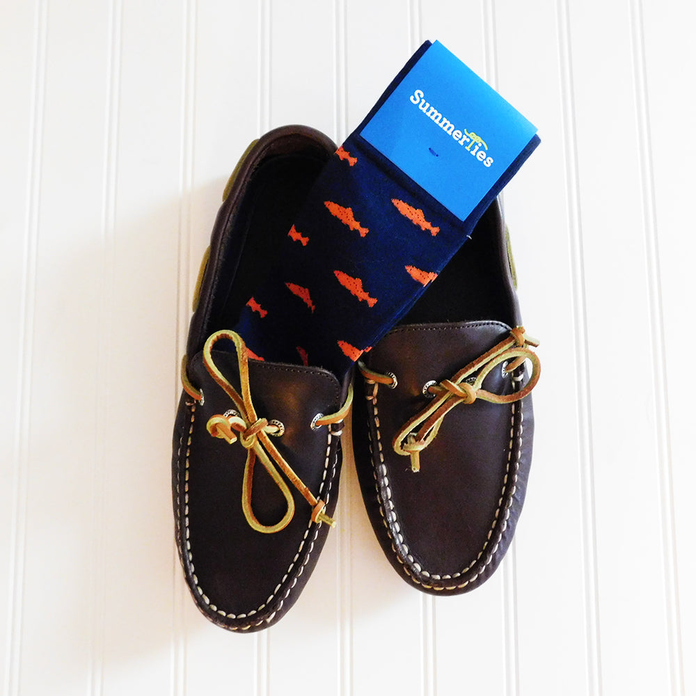 Trout Socks - Coral on Navy - Men's Mid Calf - SummerTies