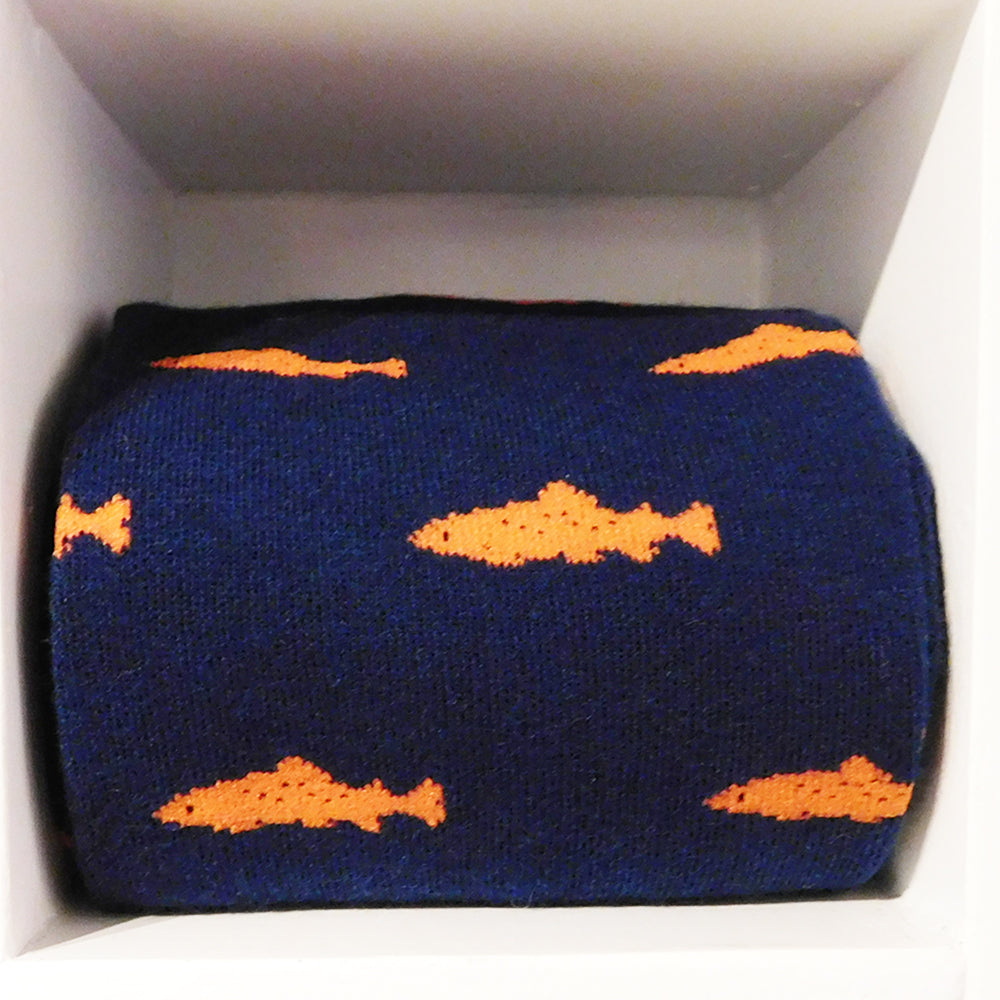 Trout Socks - Coral on Navy - Men's Mid Calf - SummerTies