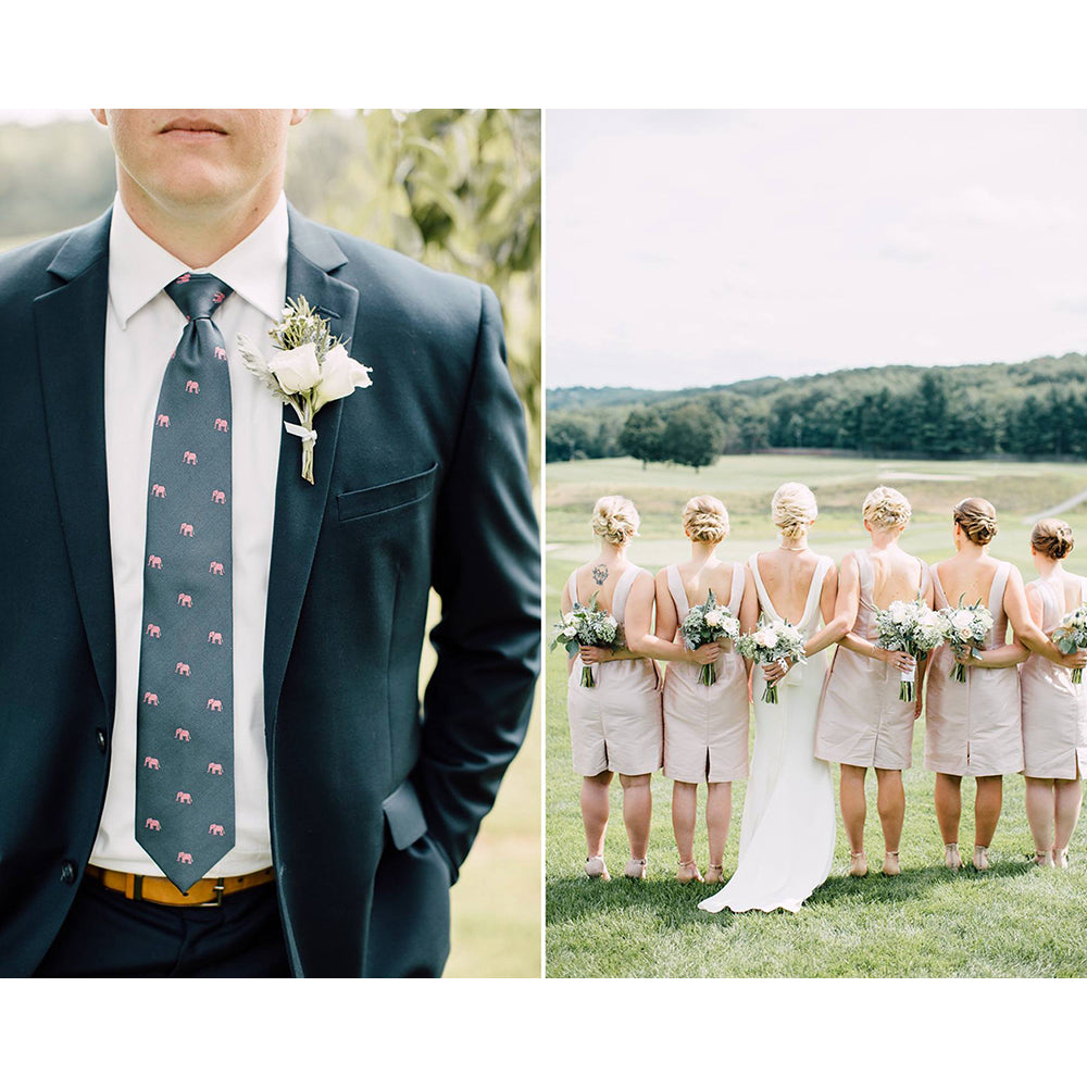 Elephant Necktie - Pink on Navy, Woven Silk - Spread - SummerTies