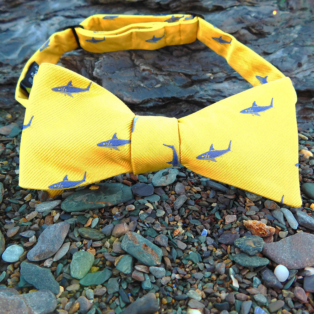 Shark Bow Tie - Blue on Yellow, Woven Silk - SummerTies