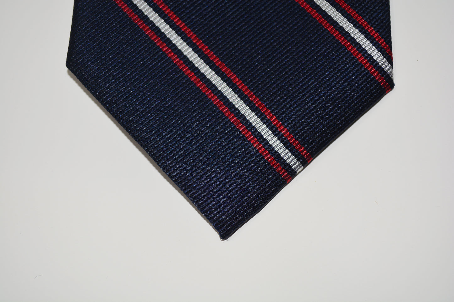 Red and White Stripes on Navy Necktie - Navy, Woven Silk