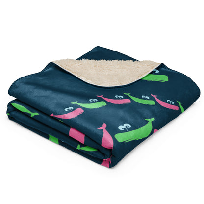 Sperm Whale Sherpa blanket - Pink and Green on Navy