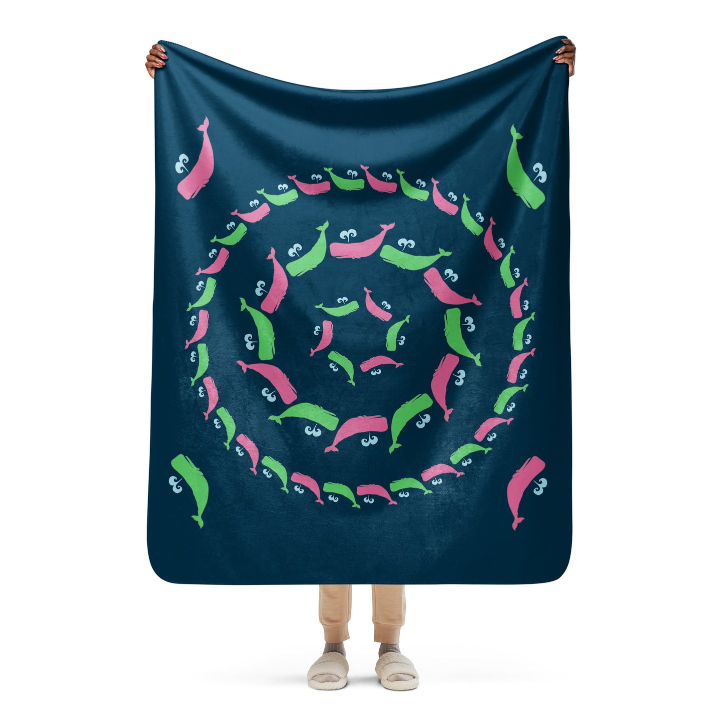 Sperm Whale Sherpa blanket - Pink and Green on Navy