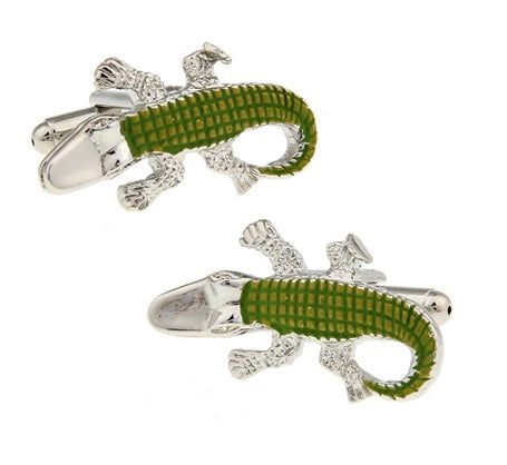Alligator Cufflinks - 3D, Silver & Green - SummerTies