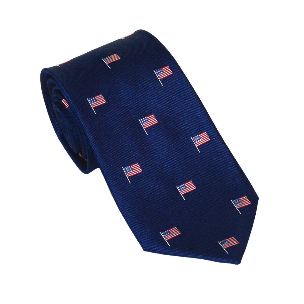 American Flag Necktie - Red White and Blue on Navy, Woven Silk - Spread - SummerTies