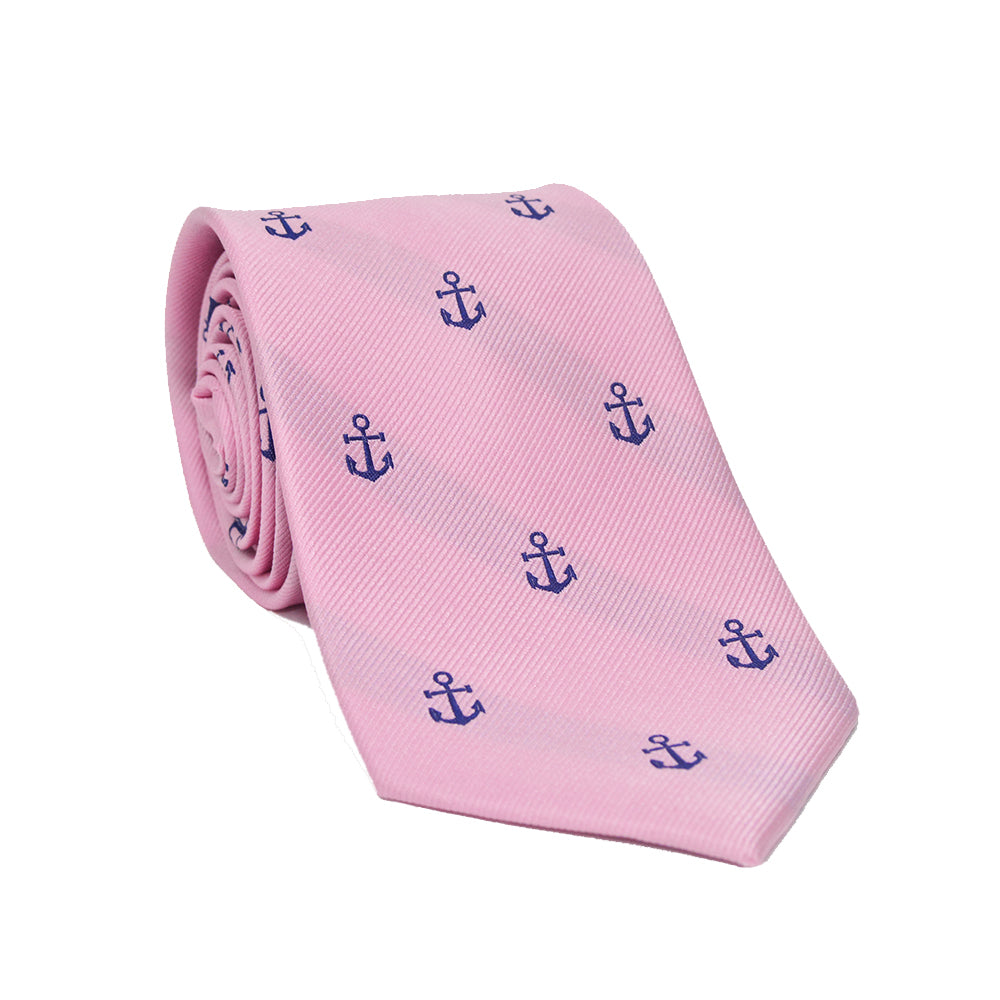 Anchor Necktie - Navy on Pink, Woven Silk - SummerTies