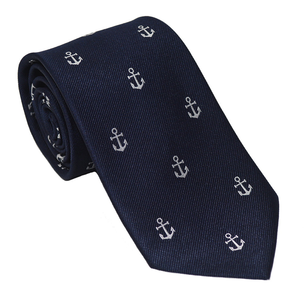 Anchor Necktie - White on Navy, Woven Silk - SummerTies