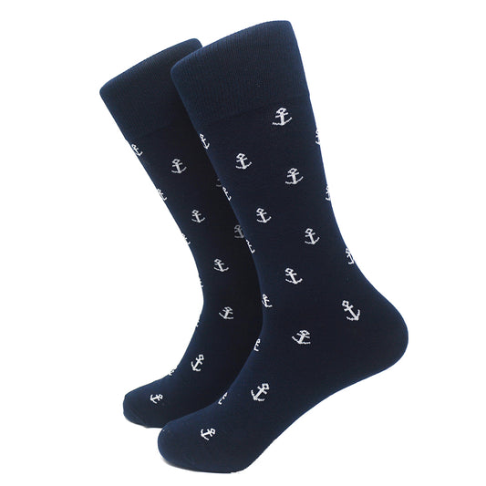 Anchor Socks - Men's Mid Calf - White on Navy - SummerTies