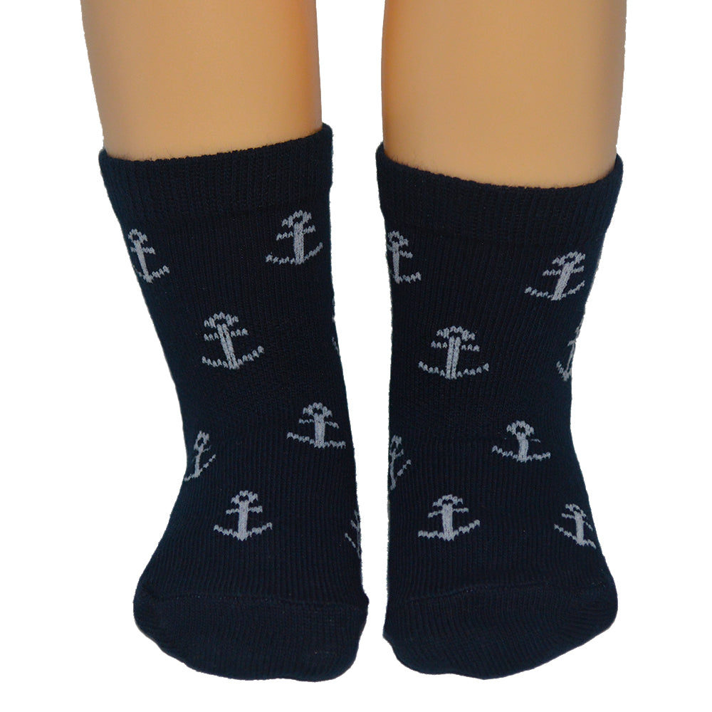 Anchor Socks - Toddler Crew Sock - White on Navy - 5 Pairs - SummerTies