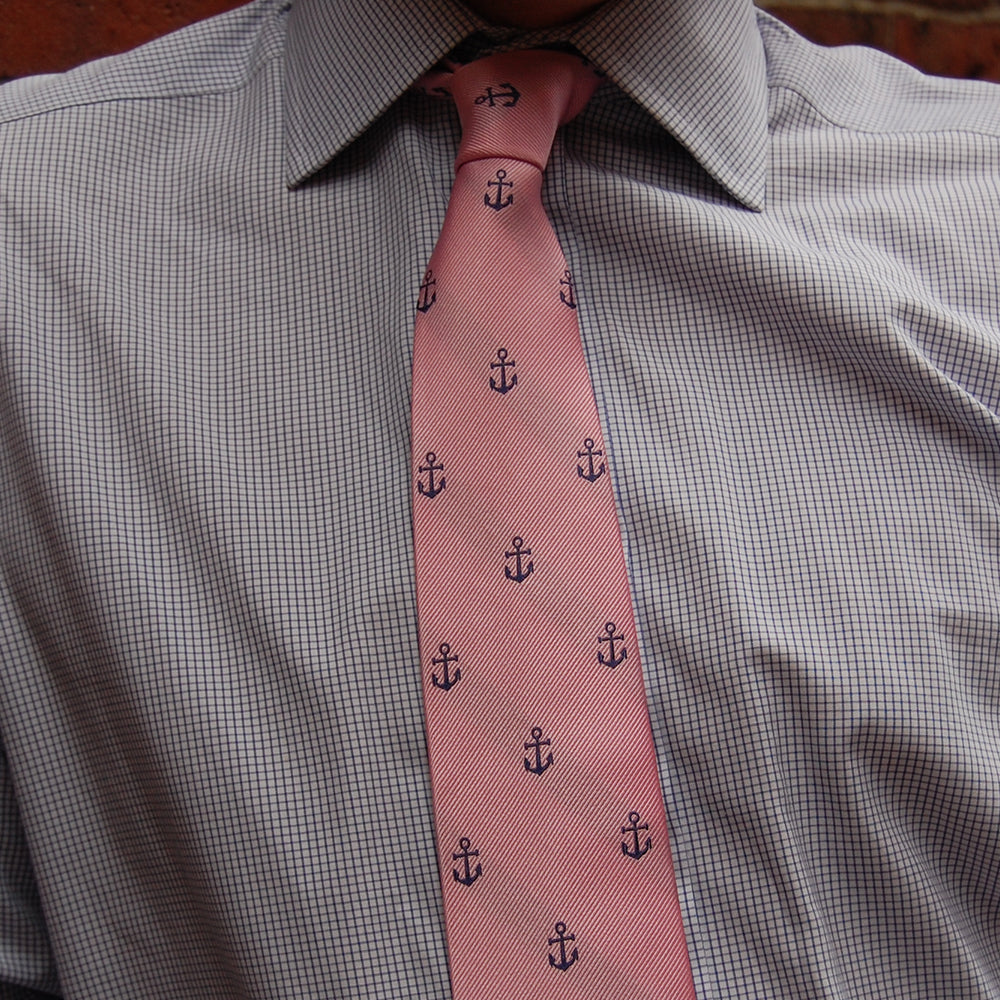 Anchor Necktie - Navy on Pink, Woven Silk - SummerTies