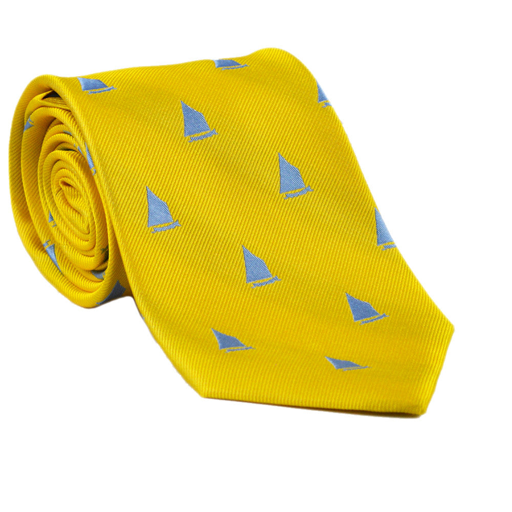 Sailboat Necktie - Yellow, Woven Silk - SummerTies