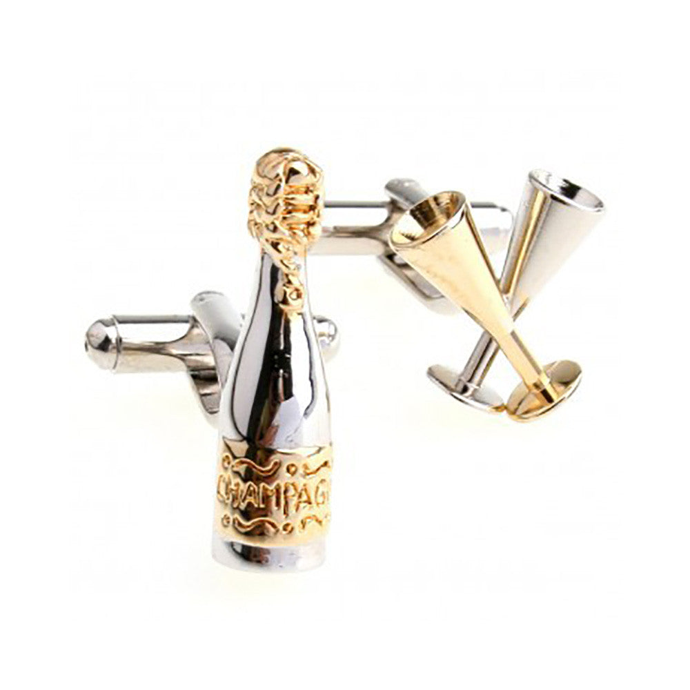 Champagne Cufflinks - 3D, Silver & Gold - SummerTies