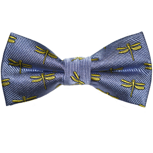 Dragonfly Bow Tie - Yellow on Gray, Woven Silk, Pre-Tied for Kids - SummerTies