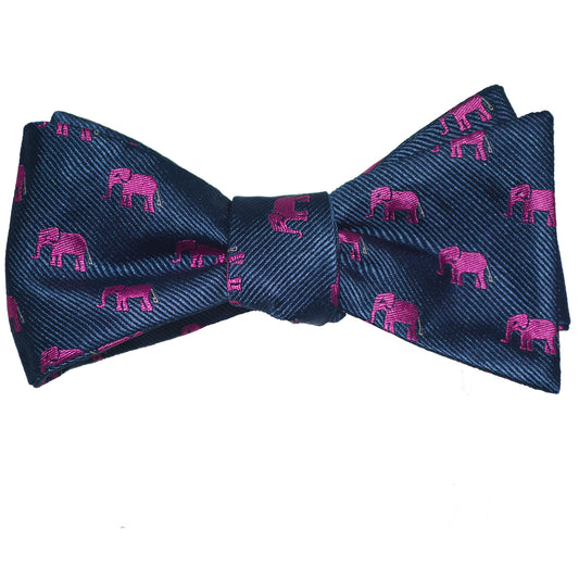 Elephant Bow Tie - Pink on Navy, Woven Silk - SummerTies
