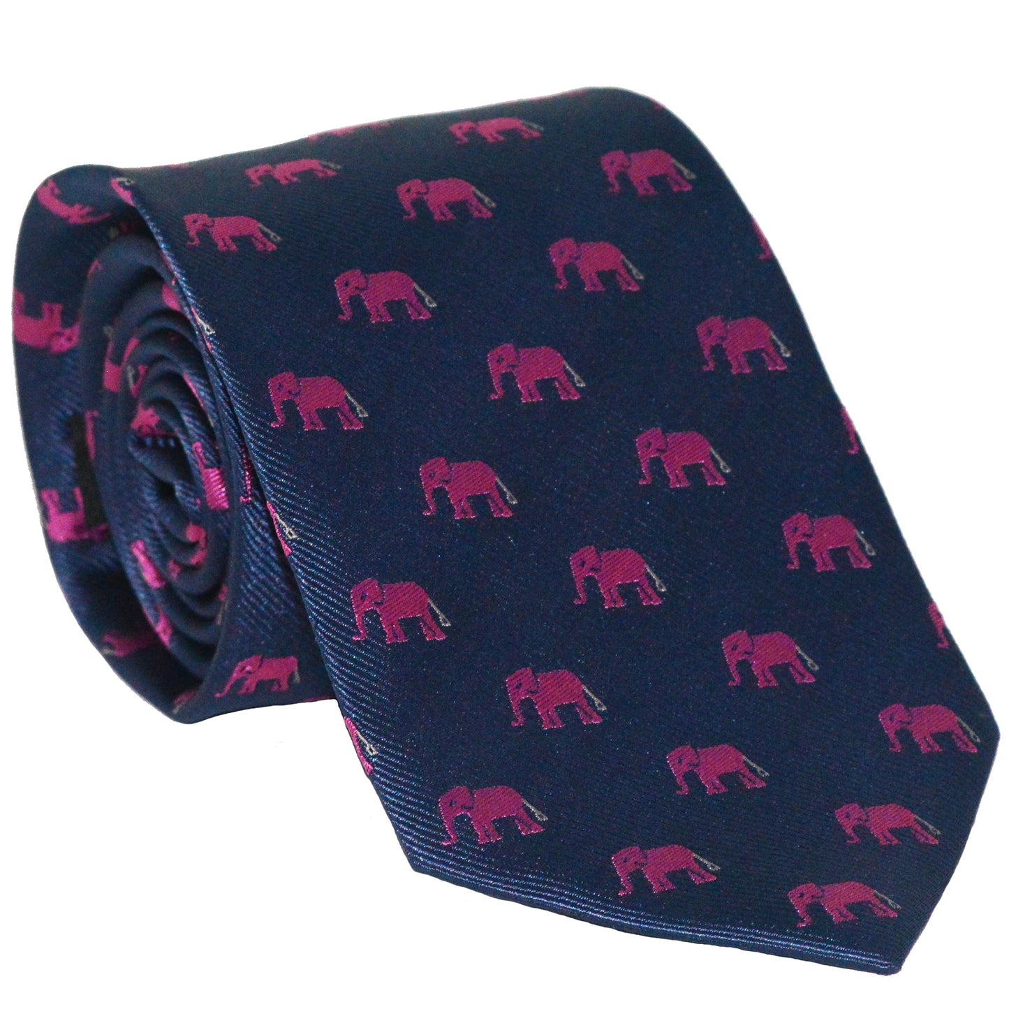 Elephant Necktie - Pink on Navy, Woven Silk - SummerTies