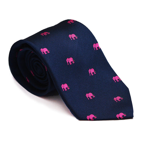 Elephant Necktie - Pink on Navy, Woven Silk - Spread - SummerTies