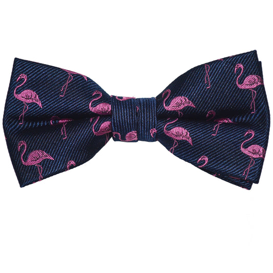 Flamingo Bow Tie - Pink on Navy, Woven Silk, Pre-Tied for Kids - SummerTies