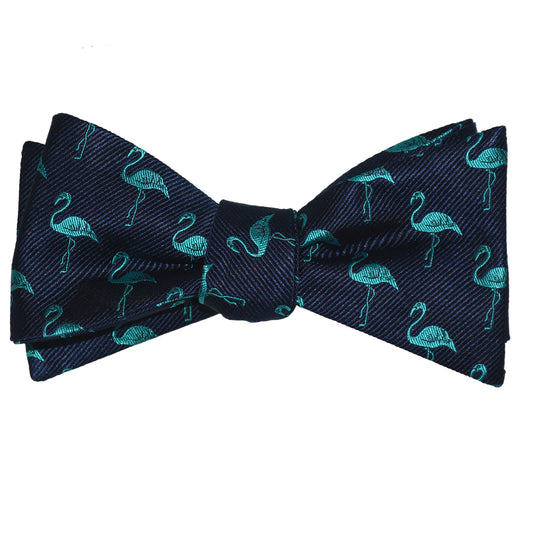 Flamingo Bow Tie - Turquoise on Navy, Woven Silk - SummerTies
