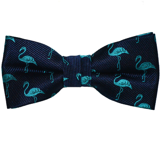 Flamingo Bow Tie - Turquoise on Navy, Woven Silk, Pre-Tied for Kids - SummerTies