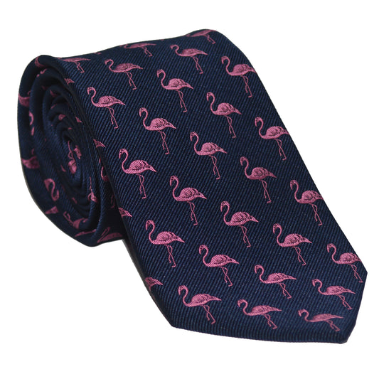 Flamingo Necktie - Pink on Navy, Woven Silk - SummerTies