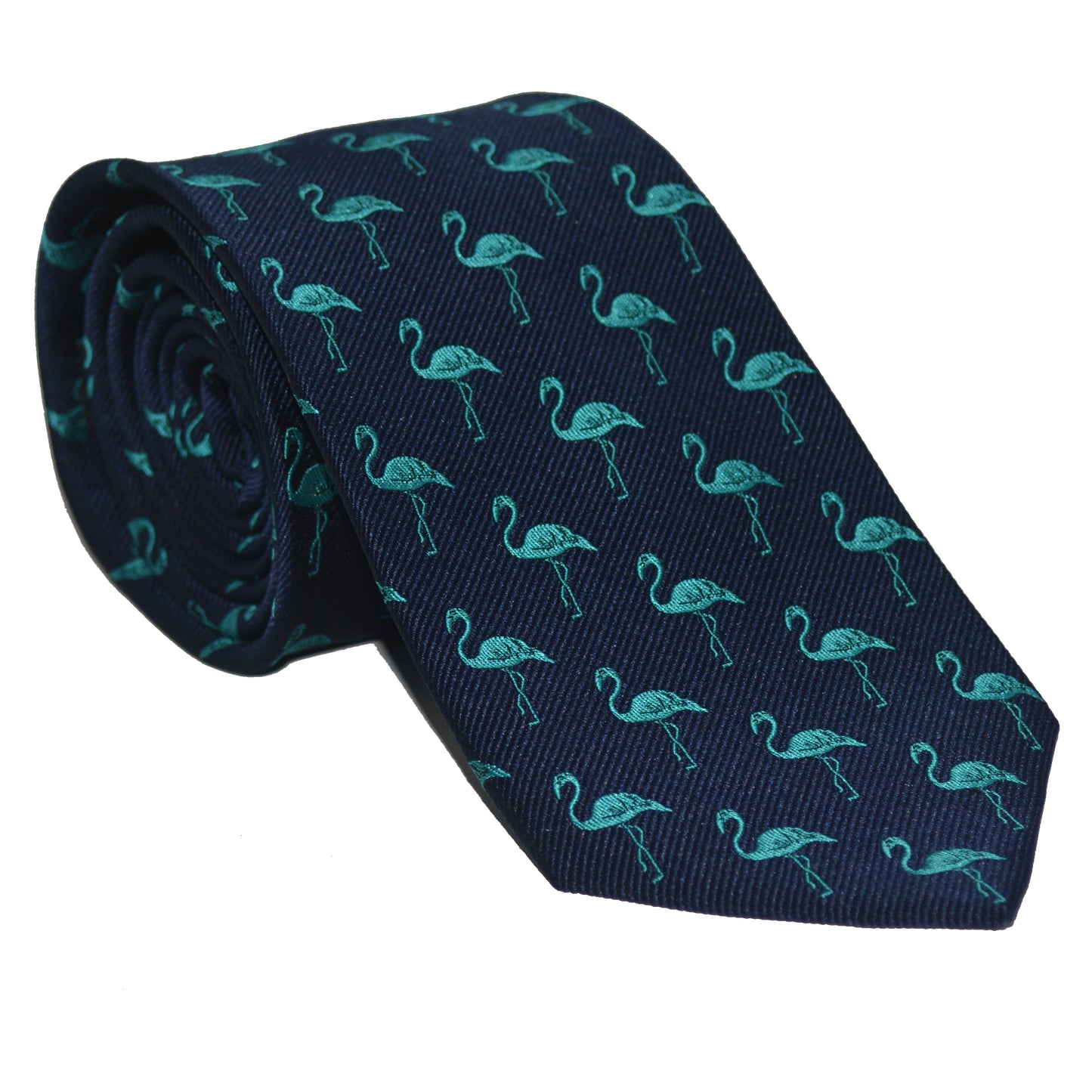 Flamingo Necktie - Turquoise on Navy, Woven Silk - SummerTies