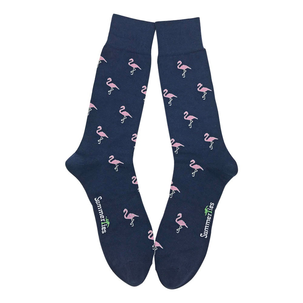 Flamingo Socks - Men's Mid Calf - Pink on Navy - SummerTies