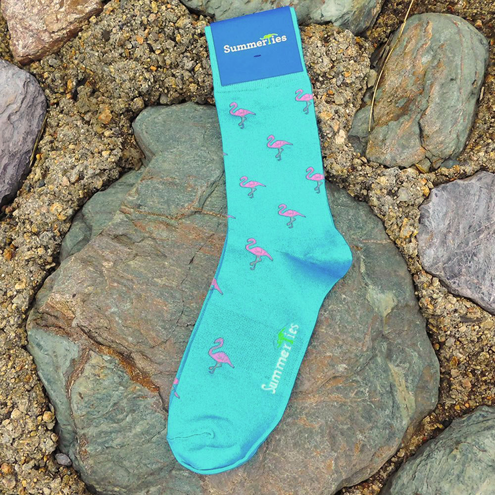 Flamingo Socks - Men's Mid Calf - Pink on Aqua Blue - SummerTies