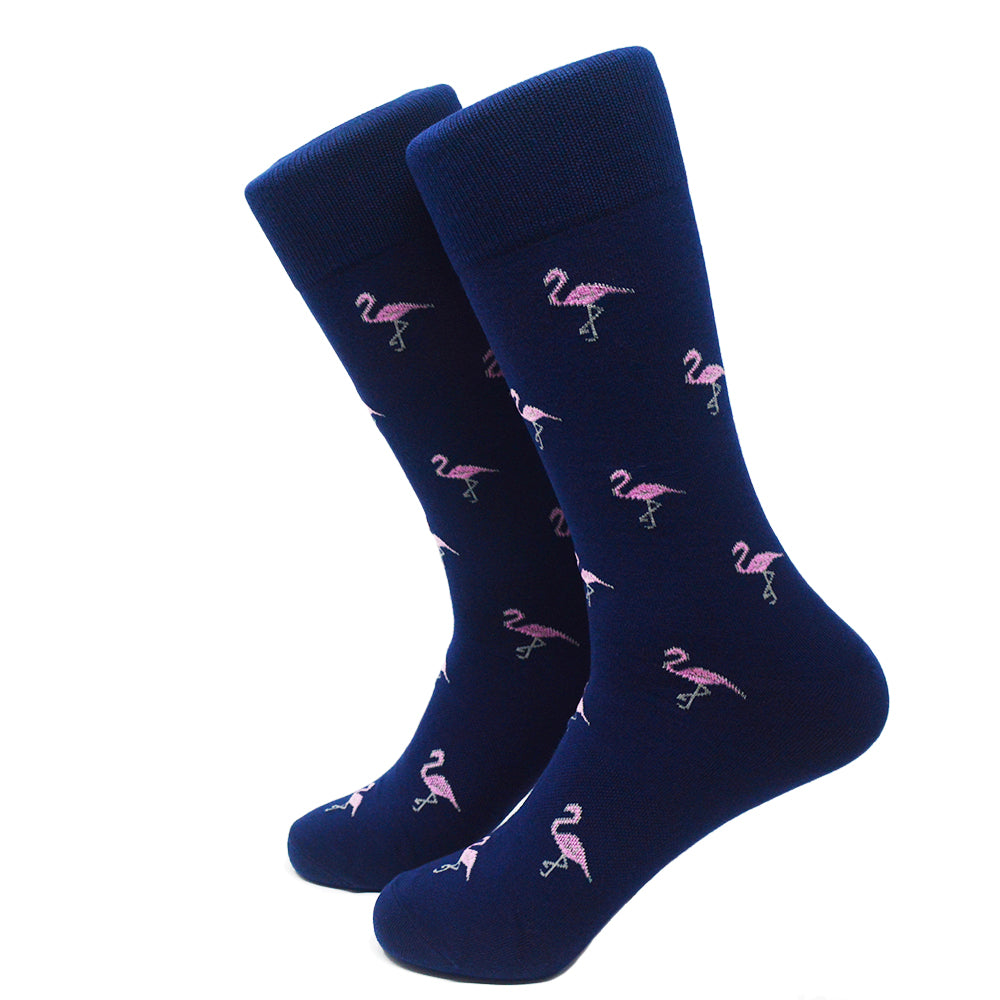 Flamingo Socks - Men's Mid Calf - Pink on Navy - SummerTies