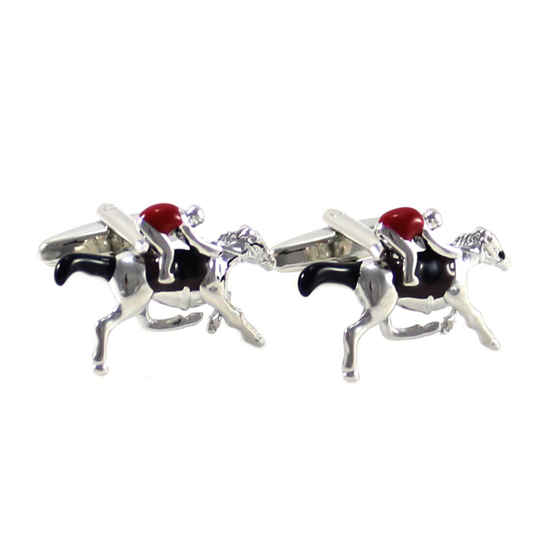 Horse and Jockey Cufflinks - 3D, Red, Black, Silver - SummerTies