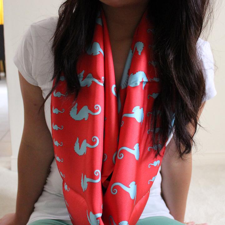 Seahorse Square Scarf - Light Blue On Coral - SummerTies